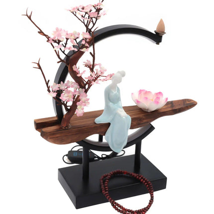 Ceramic Waterfall Backflow Incense Burner with LED Peach Blossom Light - Wnkrs