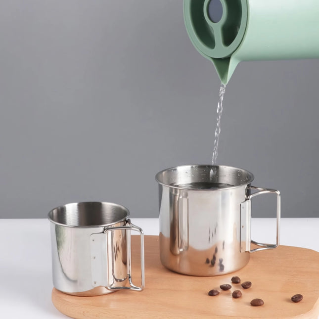 Tasse de camping en acier inoxydable avec mousqueton et poignée pliable