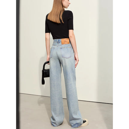 Pantalon en denim droit délavé minimaliste pour femme