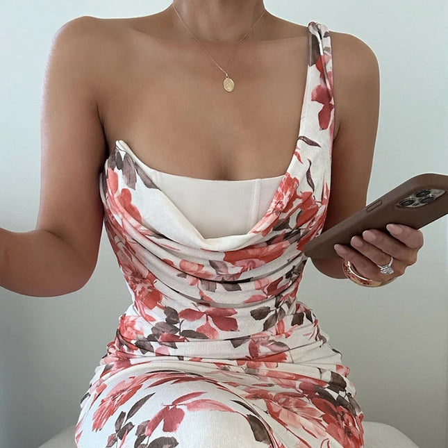 Jupe à bretelles asymétrique à taille imprimée à la mode