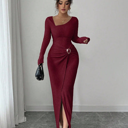 Autumn And Winter Irregular Neckline Solid Color Knitted Texture Long Dress For Women