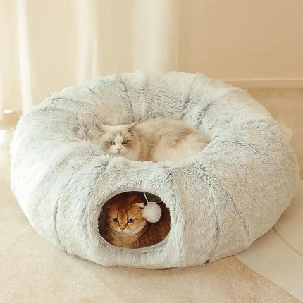 Cama de felpa para gatos con túnel