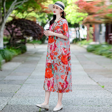 Vestido informal versátil de algodón y lino con estampado floral para mujer