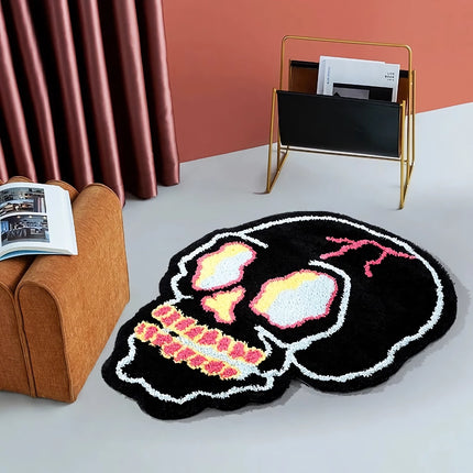 Alfombra con forma de calavera negra irregular y divertida para sala de estar y dormitorio