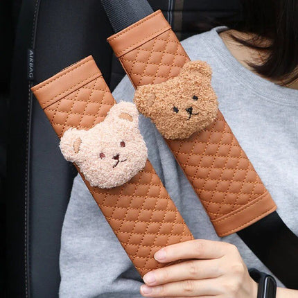 Cute Bear Car Seatbelt Cushion for Kids - Soft Leather Shoulder Strap Pad - Wnkrs