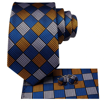 Conjunto de corbata de seda a cuadros azul y dorado para hombre