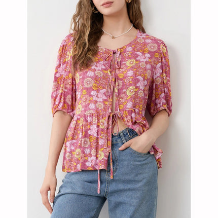 Blusa con escote en V y lazo con encaje floral