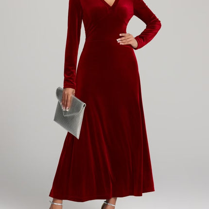 V-neck Long Sleeve Evening Dress Pleuche Dress