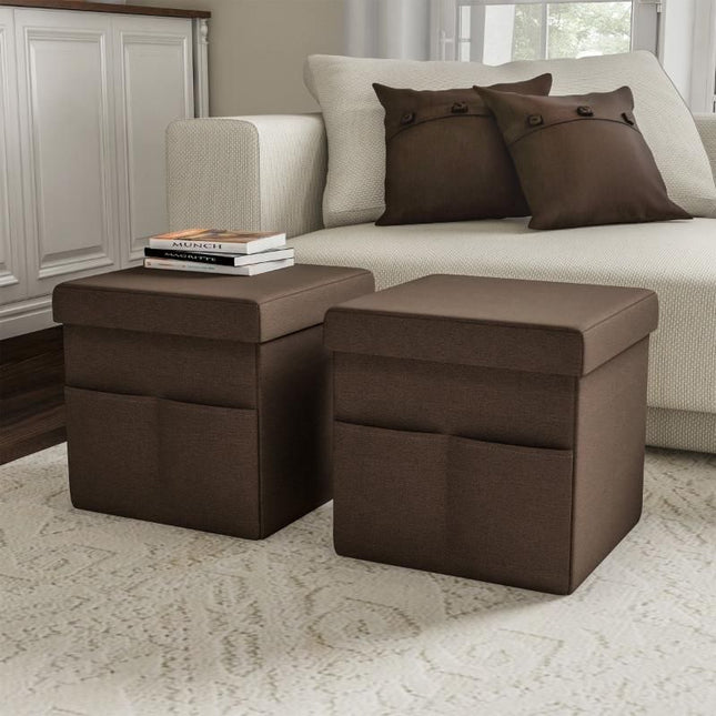 2-Pack Square Foldable Storage Ottoman with Pockets - Wnkrs