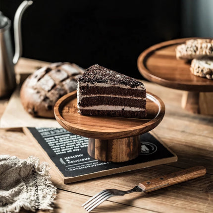 Expositor creativo para postres y tartas con base alta de madera de acacia