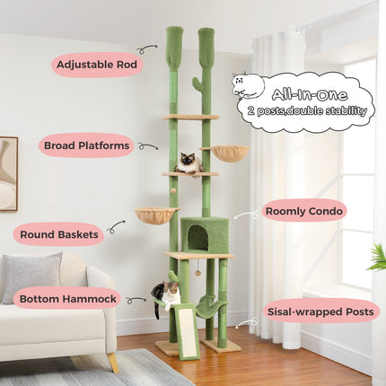 Torre para gatos con forma de cactus, ajustable desde el piso hasta el techo