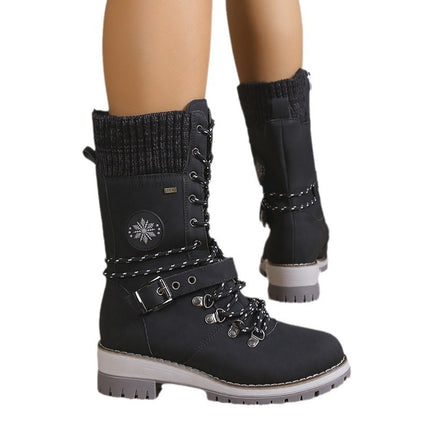 Botas de nieve altas hasta la rodilla para mujer, con forro de piel sintética y tejido grueso y cálido.