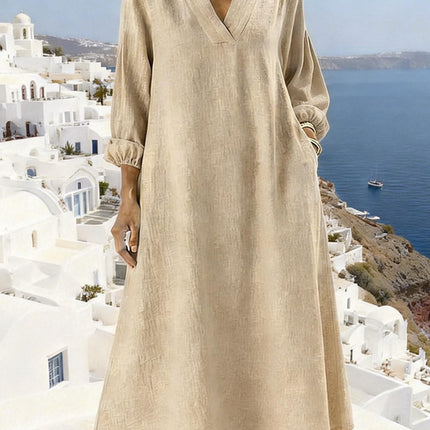 Womens Casual Straight-cut Long-sleeve V-neck Dress Available In Multiple Colors