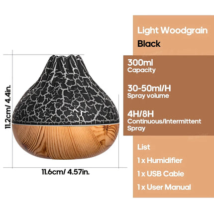 Humidificador de aire Volcano de 300 ml con USB, luz nocturna de 7 colores y difusor de niebla de agua