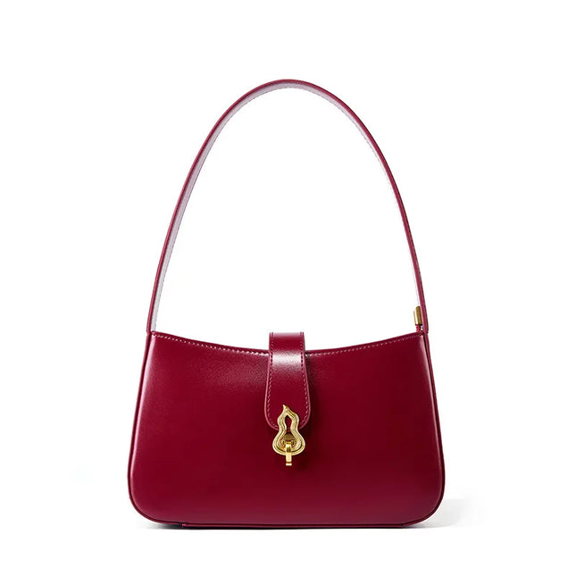 Bolso de hombro de media luna de cuero genuino rojo vino de lujo para mujer