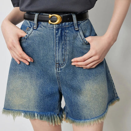 Short en jean taille haute à pompons pour femme