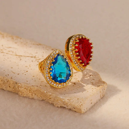 Anillos de lujo con forma de gota de agua y circonitas para mujer: banda de acero inoxidable con circonitas cúbicas rojas y azules