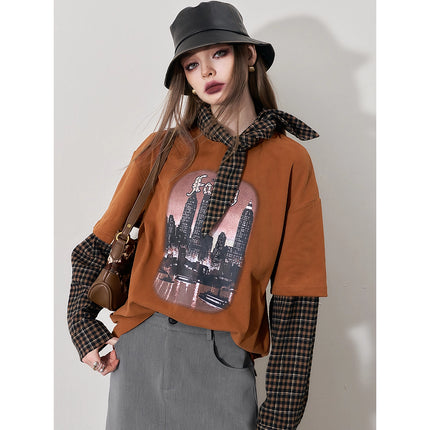 Autumn Graphic Spliced T-Shirt for Women