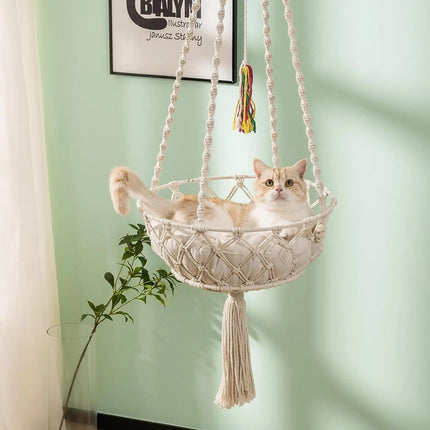 Bohemian Style Cotton Rope Cat Hammock with Tassel and Toy - Wnkrs