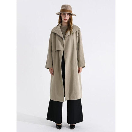 Chic Autumn Long Trench Coat with Stand Collar and Waist Bandage