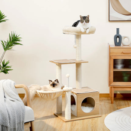 Torre moderna para gatos de interior con gran condominio, hamaca y cómoda plataforma superior