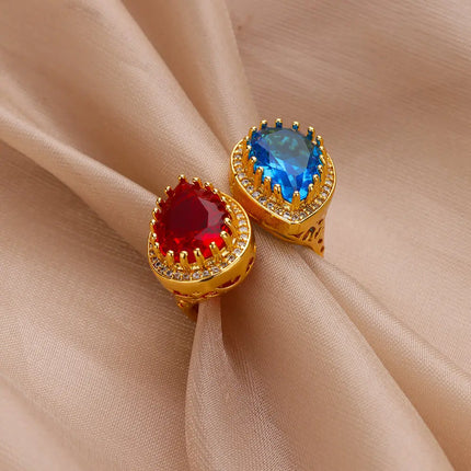 Anillos de lujo con forma de gota de agua y circonitas para mujer: banda de acero inoxidable con circonitas cúbicas rojas y azules