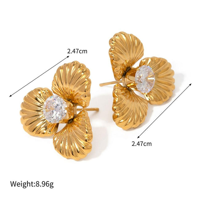 Gold-Plated Stainless Steel Zircon Flower Stud Earrings