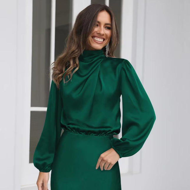 Elegante vestido ajustado fruncido de satén con mangas largas para noche y fiestas – Otoño