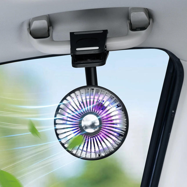 Ventilateur de refroidissement de voiture portable alimenté par batterie de 2000 mAh avec lumière ambiante RVB et pivotement automatique