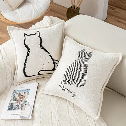 Nordic Cat Print Cushion Cover - Cute Plush Pillow Case for Autumn Home Decor