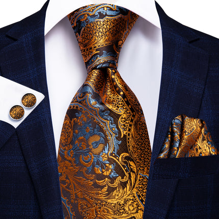 Conjunto de corbata de seda de lujo con estampado floral negro y dorado, pañuelo de bolsillo y gemelos