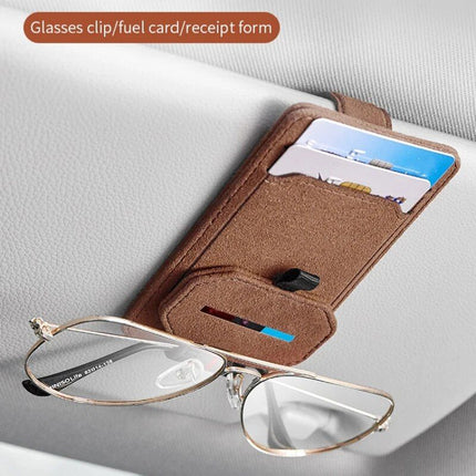 Multi-Function Suede Leather Car Sunglasses Holder with Magnetic Clip - Wnkrs