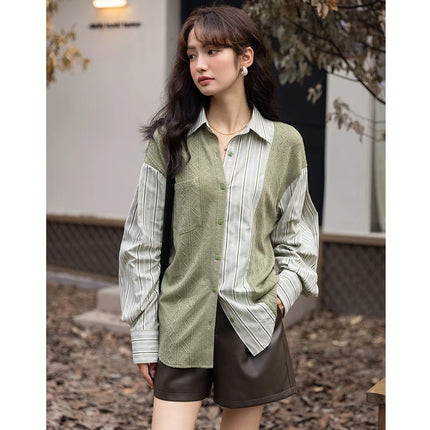 Blusa informal de cuello vuelto a rayas con retazos de punto coreano de otoño para mujer