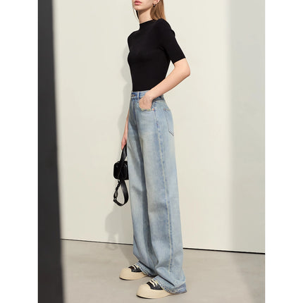 Pantalon en denim droit délavé minimaliste pour femme