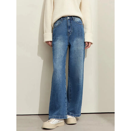 Jean ample décontracté vintage à jambes larges pour femmes - Pantalon plissé en coton d'automne