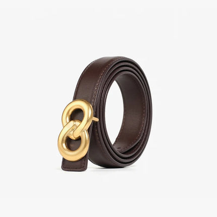 Ceinture en cuir véritable pour femme avec boucle à double anneau dorée