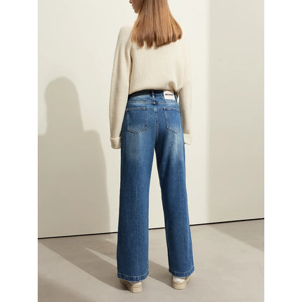 Jean ample décontracté vintage à jambes larges pour femmes - Pantalon plissé en coton d'automne