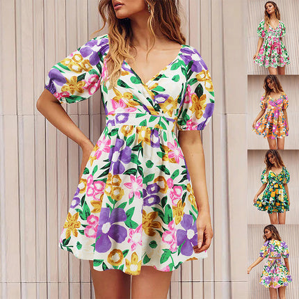 Vestido con cuello en V y mangas abullonadas con estampado de flores Y2K para vacaciones de verano, vestidos cortos de playa, ropa de moda para mujer