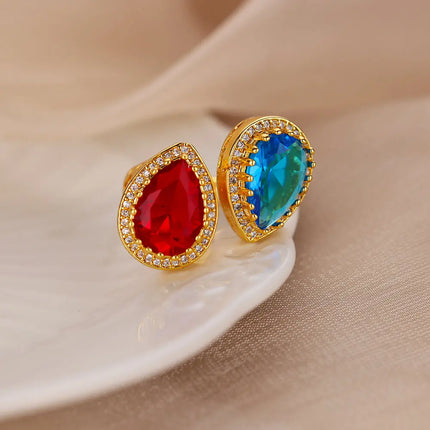 Anillos de lujo con forma de gota de agua y circonitas para mujer: banda de acero inoxidable con circonitas cúbicas rojas y azules