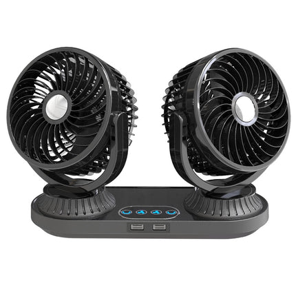 Ventilador de coche de doble cabezal de 360° con puertos USB y control táctil