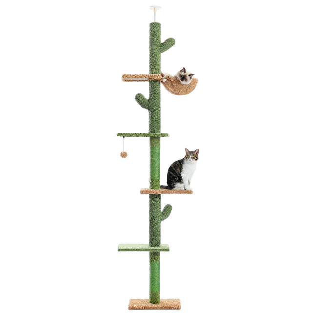 Arbre à chat réglable à 5 niveaux du sol au plafond avec motif de cactus, hamac et griffoir