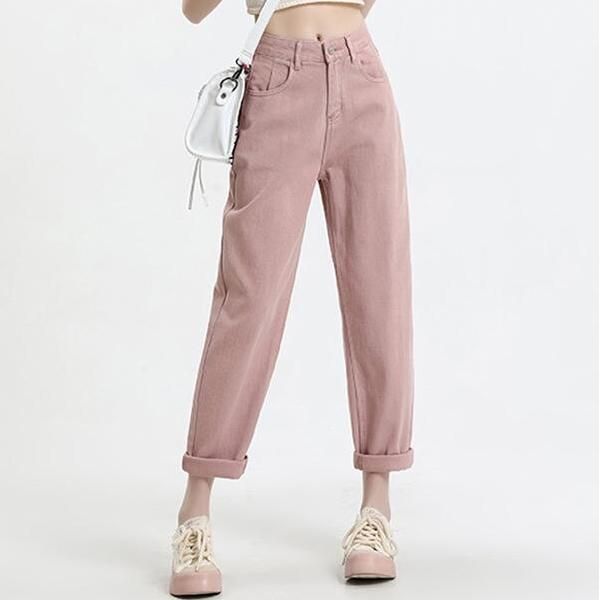 Pantalones vaqueros harén de cintura alta de color rosa para mujer