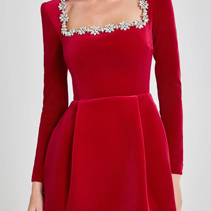 Elegant Square Neck Long-sleeved Dress With Flowers Rhinestone Design Fashion A-line Short Dresses Spring Clothing For Women