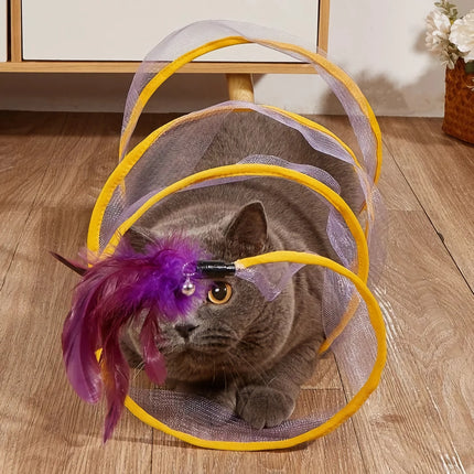 Juguete túnel interactivo para gatos con cascabel y pluma: túnel resistente a las mordeduras para gatos