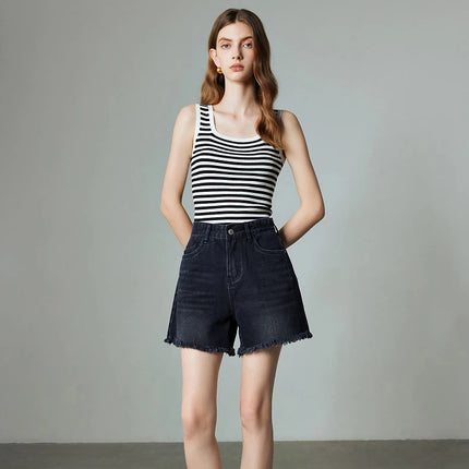 Short en jean taille haute à pompons pour femme