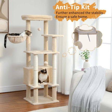 Árbol para gatos de varios niveles con condominio y postes para rascar