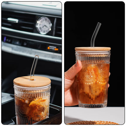 Vaso de vidrio transparente de 350 ml con tapa de madera y pajita