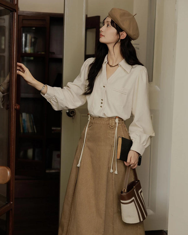 Camisa de oficina de manga larga con cuello en V para mujer