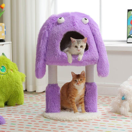 Torre de árbol para gatos de color morado con forma de monstruo y patas envueltas en sisal