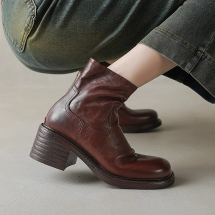 Botines de piel auténtica para mujer, tacones altos, estilo motociclista corto